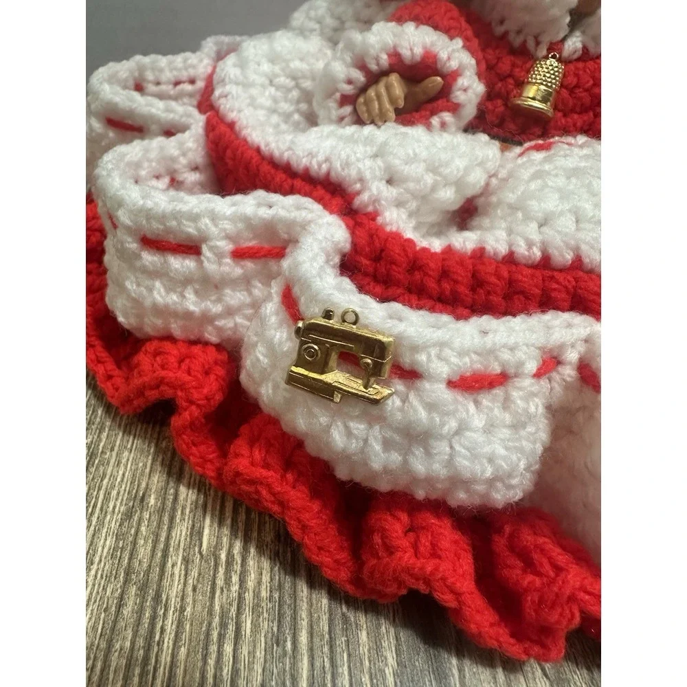 Hand‎ Crocheted Thread Caddy Cone Doll Red And White Pincushion RARE